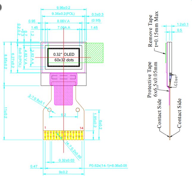 कस्टम आकार OLED डिस्प्ले I2C सफेद 0.32 इंच OLED डिस्प्ले पैनल 60x32 पिक्सेल सबसे छोटा 0.32 