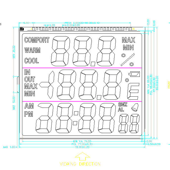 Custom LCD Display for Thermometer And Hygrometer Zebra Connector Tn Segment Lcd 1/3 BIAS TN Positive Transflective Type LCD